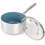 Brooklyn Steel Co Healthy Ceramic Nonstick Saucepan with Lid – 2.5 Quart Small Pot with Lid, Multipurpose Sauce Pot with Stainless Steel Handle, Aqua-Tech Coating Sauce Pan - Nebula, Blue Ceramic