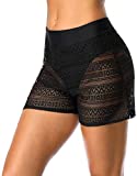 ATTRACO Women's Lace Crochet Board Shorts Side Slit Plus Size Swimsuit Bottom Black 2XL