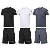 BUYJYA Men's Active Athletic Shorts Shirt Set 3 Pack for Workouts Basketball Football Exercise Training Running (3PACK(Black/White/Grey), XL)