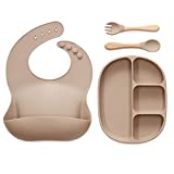 Ginbear Baby Eating Supplies, Silicone Plates for Baby with Suction, Silicone Baby Bibs, Baby Led Weaning Spoon & Fork, Baby Tableware Set for Toddler, Children, Kid, Girl & Boy (Khaki)