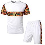 LucMatton Men's Summer 2 Piece African Pattern Printed T-Shirt and Shorts Set Sports Mesh Tracksuit Dashiki Outfits White Large