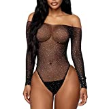 Women Sexy Sparkle Rhinestone Teddy Fishnet Off Shoulder Bodysuit Tops Long Sleeve One Piece Clubwear Lingerie Mesh Costume Jumpsuit Clothes Nightwear Sleepwear Black One Size