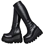 Womens High Platform Mid Calf Wedges Chunky High Heel Round-Toe Side Zip Fanshion Combat Boots For Women