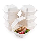 Disposable Clamshell To-Go Containers – Bagasse Fiber Biodegradable Containers with Lids for Takeout, Parties, & Holidays – Pack of 50 Chemical-Free, 1-Compartment Boxes by brheez, 6"x6", White