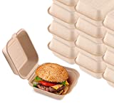 Bagasse Clamshell Takeout Containers, Biodegradable Eco Friendly Take Out To Go Food Containers with Lids for Lunch Leftover Meal Prep Storage, Microwave and Freezer Safe, 6x6, 1 Compartment, 50 Pack