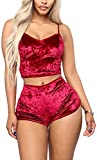 Women's Velvet 2 Piece Outfit Spaghetti Strap Sleeveless Crop Top+ Shorts Set Red M