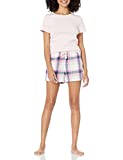 Amazon Essentials Women's Lightweight Flannel Short and Cotton T-Shirt Sleep Set, Pink Plaid, Medium