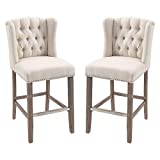 HOMCOM Counter Height Bar Stools Set of 2, Barstools Breakfast Stools with Nailhead-Trim and Tufted Back, Solid Wood Legs, Beige