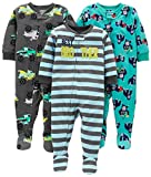 Simple Joys by Carter's Toddler Boys' Loose Fit Fleece Footed Pajamas, Pack of 3, Teal Blue/Dark Grey, Trucks/Stripe, 18 Months
