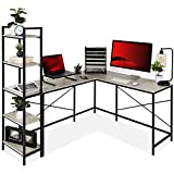Best Choice Products L-Shaped Corner Computer Desk, Large Study Workstation Furniture w/Multifunctional 5-Tier Open Storage Bookshelves, Custom Setup for Home, Office - Gray/Black