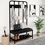 Allewie Entryway Hall Tree / Coat Rack with Upholstered Bench and Storage Bottom Shelf, Organized with 5 Hooks, Industrial Accent Furniture with Metal Frame, Easy Assembly, Black