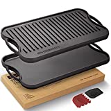 Overmont Pre-seasoned Cast Iron Reversible Griddle Grill Pan with handles for Gas Stovetop Open Fire Oven, 17x9.8"- One tray, Scrapers Included