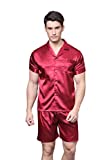 TONY & CANDICE Men's Short Sleeve Satin Pajama Set with Shorts (Burgundy,M)