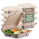 100% Compostable Clamshell Take Out Food Containers [8X8" 3-Compartment 50-Pack] Heavy-Duty Quality to go Containers, Natural Disposable Bagasse, Eco-Friendly Biodegradable Made of Sugar Cane Fibers