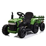 TOBBI 12v Battery-Powered Toy Tractor with Trailer and 35W Dual Motors,3-Gear-Shift Ground Loader Ride On with LED Lights and USB&Bluetooth Audio Functions in Dark Green