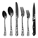 Stapava 24-Piece Black Silverware Set with Steak Knives for 4, Unique Stainless Steel Flatware Cutlery Set, Include Fork Spoon Knife Set, Mirror Polished, Dishwasher Safe Utensils
