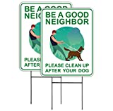 Clean Up After Your Dog Signs (2 Pack, 9 x 12") With Metal H-Stakes, Double Sided,No Dog Poop Lawn Signs,Outdoor & Sturdy