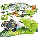 174 PCS Dinosaur Toys Race Track, Flexible Train Tracks with 8 Dinosaurs Figures, 2 Electric Race Cars Vehicle Playset with Lights to Create A Dinosaur World Road Race for Toddlers Kids Boys Girls