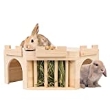 YKD Natural Wood Large Castle Rabbit House with Ladder and Hay Feeder, Small Animal Hideout for Rabbit Guinea Pig Hedgehog Chinchilla, Rabbit Bed Hut Hideout