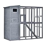 PawHut Large Wooden Outdoor Cat House with Large Run for Play, Catio for Lounging, and Condo Area for Sleeping, Grey