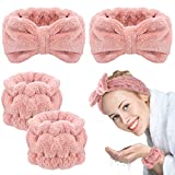 4 Pieces Spa Headband Wrist Washband Face Wash Set, Towel Headband Face Wash Wristbands for Women Girls Prevent Liquids from Spilling Down Your Arms (Pink)