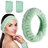 Luluo Spa Headband Women Microfiber Facial Makeup Hairband with Wristbands Elastic Fluffy Face Washing Headband Skin Care Green Spa Headbands