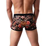 Men's Sexy Low Rise Flower Lace Embroidery Mesh Boxer Panties Bikini Briefs Underwear Tunks Underpants Black(Boxer) Large
