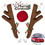 ovsor Car Christmas Reindeer Antlers & Nose Decorations,Rudolph Set Reindeer Ornament Costume Auto Accessories for Any Vehicle Decor