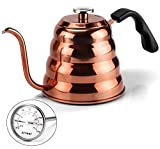 Pour Over Coffee Kettle - Gooseneck Kettle with Thermometer - Stainless Steel Stovetop Gooseneck Tea Kettle,Premium Quality Camping Coffee Pot for Gas/ Induction,40 floz/1200ml (Copper Coated)