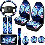 10 Pieces Car Interior Covers Set Butterfly Car Seat Covers Trendy Car Seat Covers, Steering Wheel Cover, Wrist Strap, Car Coasters, Armrest Pad, Shoulder Pads, Key Chain for Cars (Bright Style)