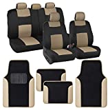 BDK PolyPro Beige Car Seat Covers Full Set with 4-Piece Car Floor Mats - Two-Tone Universal Fit Seat Covers for Cars with Carpet Floor Mats, Seat Protector Interior Accessories for Auto Truck SUV