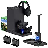 Charging Stand with Cooling Fan for Xbox Series X Console and Controller,Vertical Dual Charger Station Dock Accessories with 2 x 1400mAh Rechargeable Battery and Cover,Headset Stand and 10 Game Slots