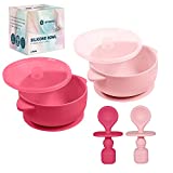 Silicone Suction Baby Bowl with Lid - BPA Free - 100% Food Grade Silicone - Infant Babies and Toddler Self Feeding (light / Dark Pink)