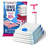 SPACE MAX Premium Reusable Vacuum Storage Bags, Save 80% More Storage Space. Double Zip Seal & Leak Valve, Travel Hand Pump Included. (Variety 6 Pack MLJ)