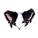 Fxaelian Animal Faux Fur Fox Cat Dog Ears Headband Halloween Cosplay Costume Party Headbands for Women Men Adult with Bell Black