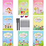 8 Pieces Magic English Practice Copybook for Kids Reusable Calligraphy Number Handwriting Copybook Tracing Book with 2 Magic Pen 2 Pen Grips 14 Refill Drawing Learning for Student