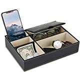 Baoyun Mens Valet Tray Organizer - Leather Nightstand Dresser Top Box with 5 Compartment for Accessories, Wallet, Phone, Keys Black