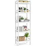 Homykic Bamboo Bookshelf Narrow, 5-Tier Adjustable Book Shelf Bookcase Bathroom Shelves Freestanding Tower Storage Stand Unit for Living Room, Bedroom, Kitchen, Easy Assembly, White