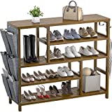 Homykic Shoe Rack for Entryway, 5-Tier Bamboo Boots Shoes Storage Shelf Organizer Free Standing Table with Slippers Pockets and Hooks for Closet, Front Door, Hallway, Living Room, Mudroom, Walnut