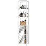 Homykic Bathroom Storage Cabinet Bamboo, 6-Tier 67 Inch Tall Narrow Linen Floor Standing Tower Cabinet Organizer with Shutter Door and Open Shelves for Kitchen, Living Room, Bedroom, White