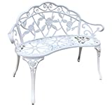 Garden Bench, Outrora Metal Park Bench Cast-Aluminum Outdoor Benches Front Porch Outdoor Furniture with Floral Rose for Patio, Park, Lawn, Yard（White）