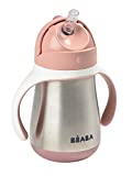 BEABA Stainless Steel Straw Sippy Cup, Sippy Cup with Removable Handles, Sippy Cup with Straw, 8+ months, 8.5 oz (Rose)