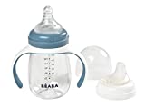 BEABA 2-in-1 Bottle to Sippy Learning Sippy Cup with Bottle Nipple and Soft Silicone Spout, 7 oz (Rain)
