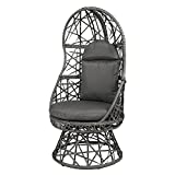 OKL Outdoor Wicker Egg Chair Swivel Egg Chair Patio Lounge Chair with Cushion & Pillow,Rattan Comfy Chair for Patio Porch Bedroom,250lb Capacity (Grey)