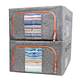 LIVEBAY Large Clothes Storage Bins with Lids 2 Pcs 54 L Foldable Fabric Storage Organizer Cube with Metal Frame Stackable Closet Organization Box Bags Clear Window for Bedroom Blankets Shelf Under Bed