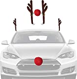 Christmas Car Decorations Reindeer Kit – Holiday Car Window Decor Rooftop Antlers and Auto Grill Red Nose Decor for Car