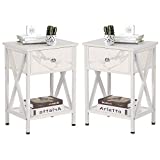 VECELO Modern Versatile Nightstands X-Design Side End Table Night Stand Storage Shelf with Bin Drawer for Living Room Bedroom, Set of 2 (White)