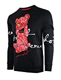 SCREENSHOT-F1122 Mens Urban Hip Hop Premium Fleece - Head Lifting Paisley Cartoon Teddy Bear Crew Neck Streetwear Sweatshirt-Black/Red-3XLarge