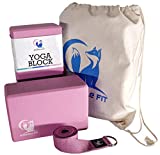 Yoga blocks 2 pack with strap. Eco friendly Nontoxic EVA yoga block set 9x6x4.  Foam bricks for yoga, Pilates and dance.  Yoga accessories for practice.  Props in drawstring bag. (Pink)