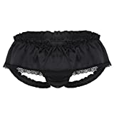 inlzdz Men's Sexy Ruffled Shiny Satin Lace Briefs Skirted Panties Sissy Maid Lingerie Underwear Black X-Large